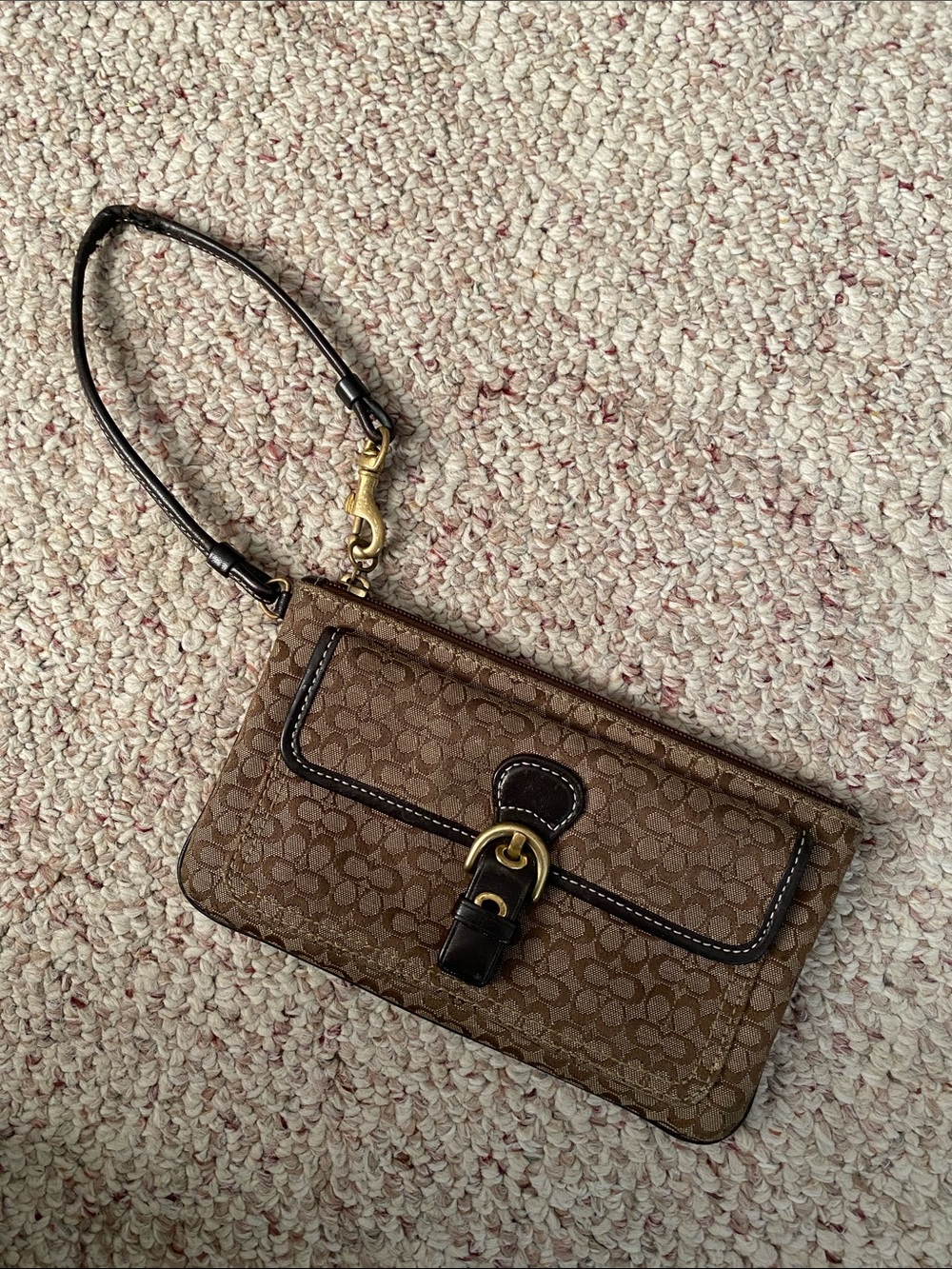 Coach Brown Signature Monogram Wristlet with Dark Brown Trim